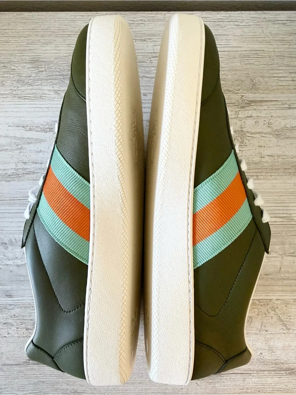 New Gucci G74 men leather sneakers with Web, dark green olive, size 9.5, US 10